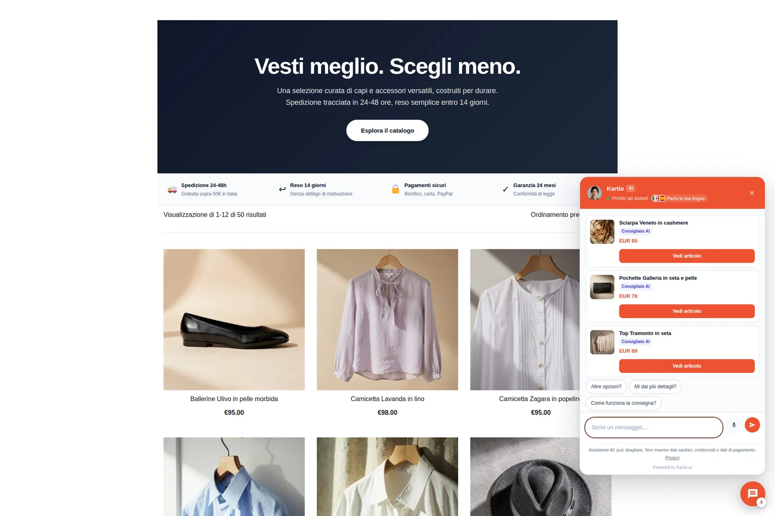 Everything the assistant does: catalogue read in real time, arbitrary variant axes, voice in 5 languages, a real cart and attribution down to the order.